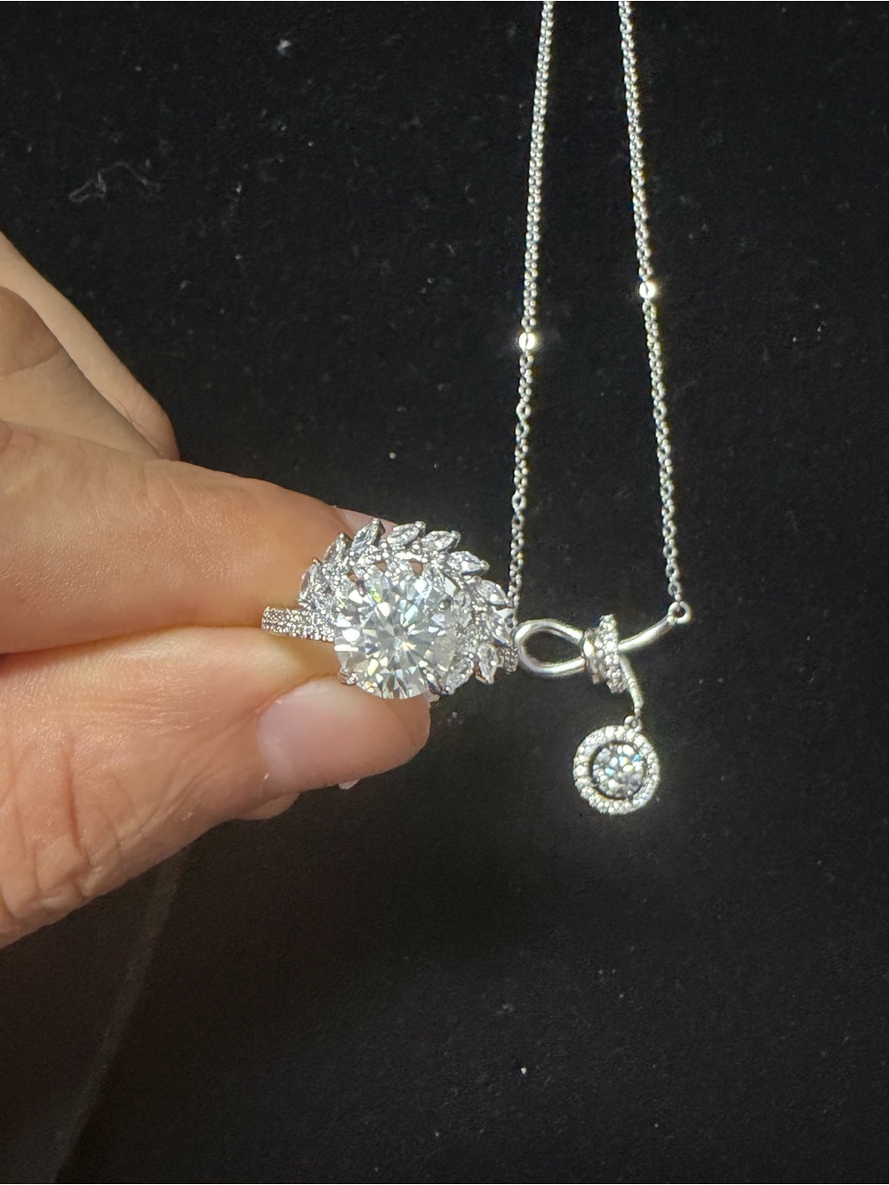 Silver-Tone Round Halo Statement Ring with Pendant Necklace - White size 7